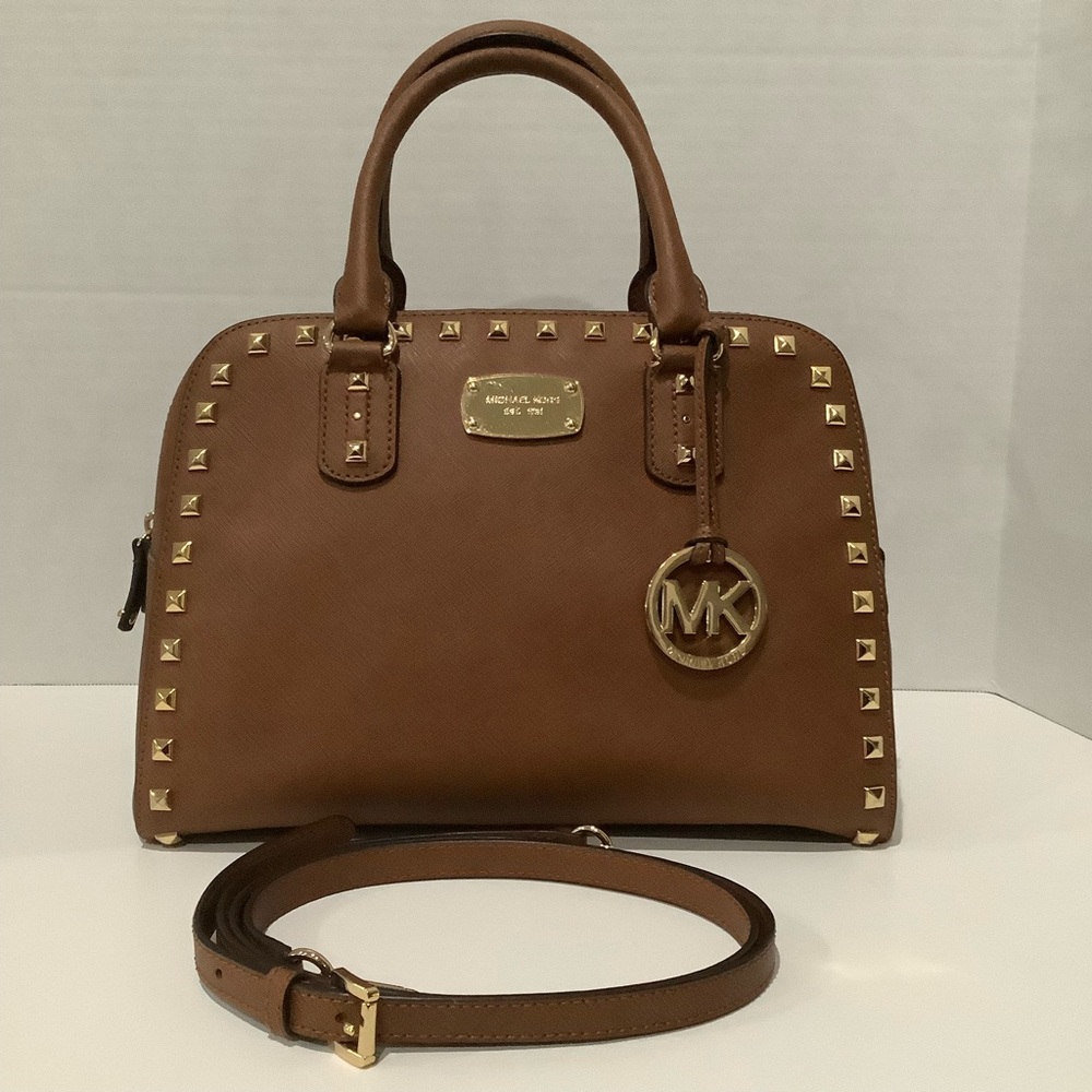 Michael Kors Luggage Brown Studded Crossbody w/ Gold Hardware